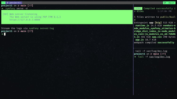 Capture d’écran d’une session tmux avec 3 panes