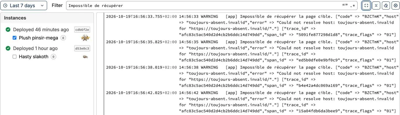 Logs tab of the Clever Cloud console, filtered on “Impossible de récupérer”, with four warnings carrying the same trace_id